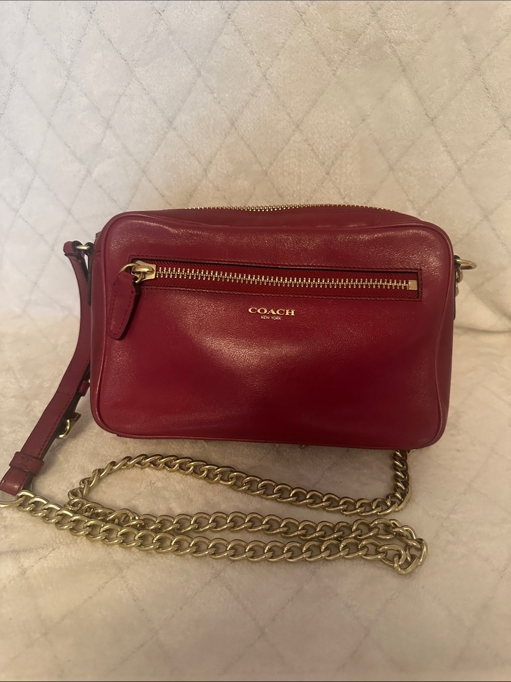 Coach Burgundy/Deep Red Leather Crossbody Bag with Gold Chain